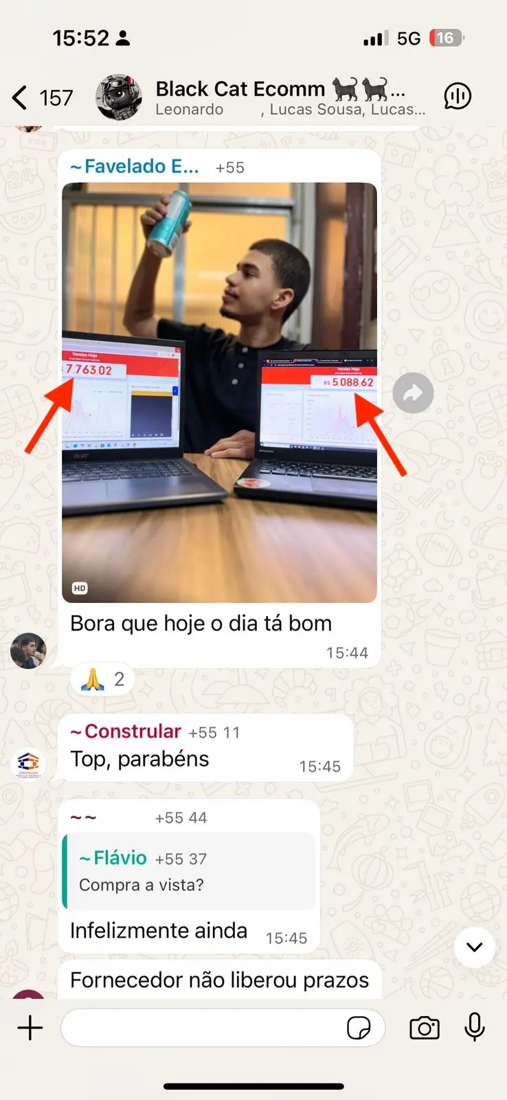 Vendas R$7.763 + R$5.088 no dia