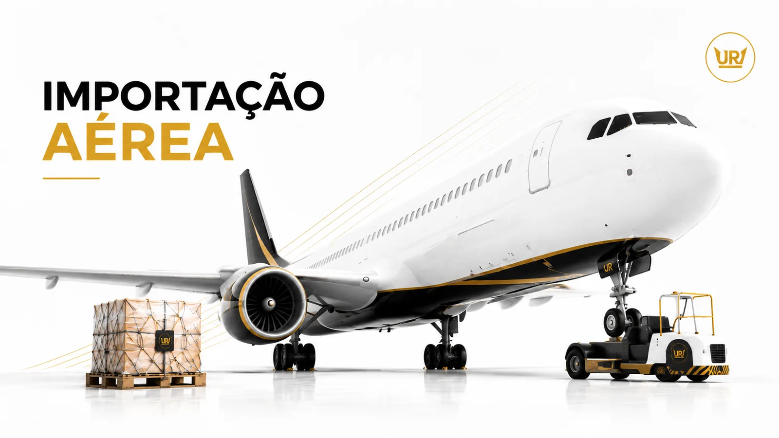 Importação Aérea: avião cargueiro com a marca Importação Real e pallet de caixas pronto para embarque