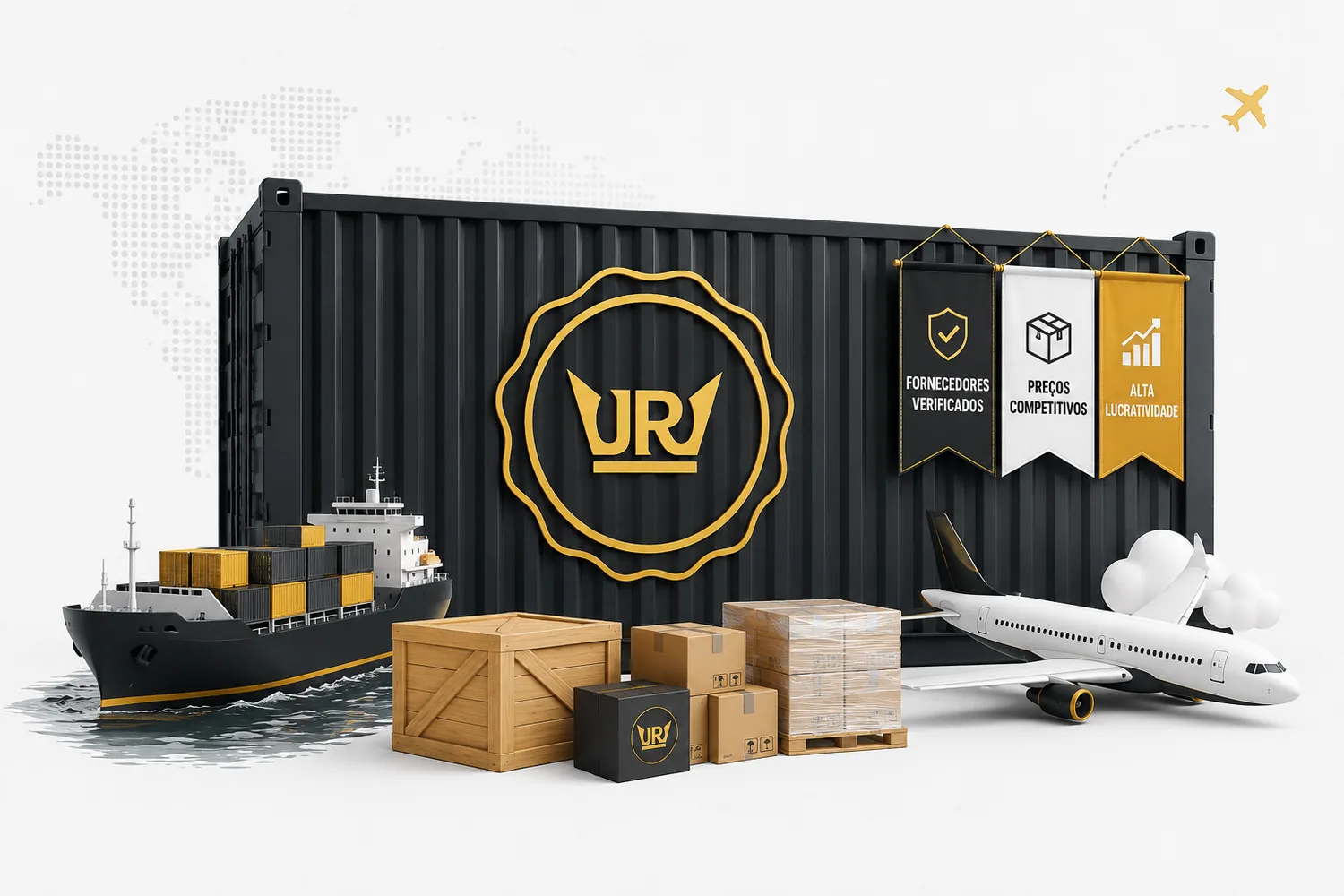 Container preto com o selo Importação Real: fornecedores verificados, preços competitivos e alta lucratividade — navio e avião cargueiro