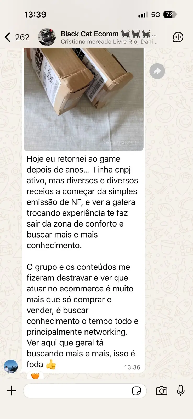 Aluno elogiando o grupo no WhatsApp: 'o grupo e os conteúdos me fizeram destravar — principalmente networking'