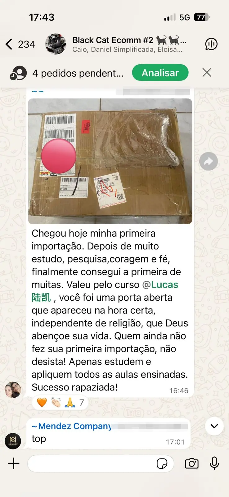 Primeira importação chegou, aluna agradece