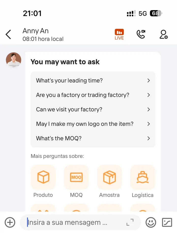 Conversa real com fornecedora no Alibaba: perguntas de sourcing sobre fábrica, MOQ, amostra e logística