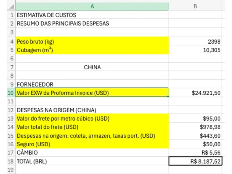 Planilha de estimativa de custos do embarque da China ao Brasil